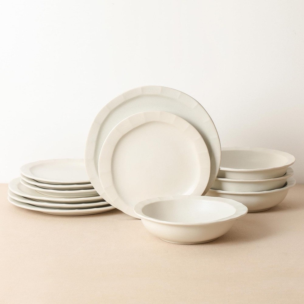 Oasis 12-Piece Dinnerware Set Stoneware, Dishwasher and Microwave Safe Plates...