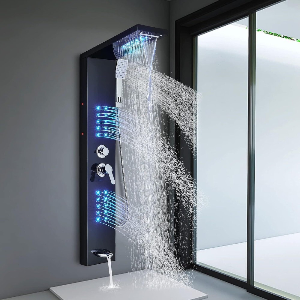 Black Shower Panel Tower System LED Digital Display Rainfall Column Massage Jets