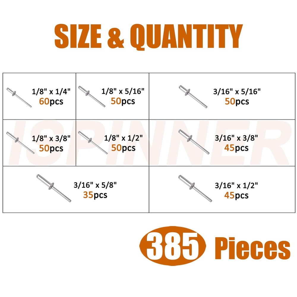 385pcs 8 Sizes Aluminum Blind Rivets, Pop Rivets Assortment Kit (Silver)