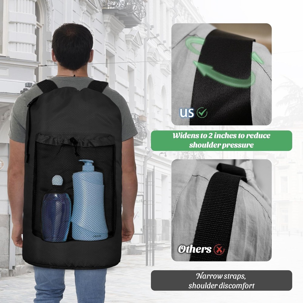 Laundry Backpack Travel Bag with Adjustable Shoulder Straps Mesh Pockets