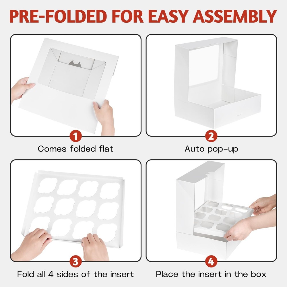 12 Count Cupcake Boxes, 8 Pack Auto-Popup White Cupcake Containers with Windo...