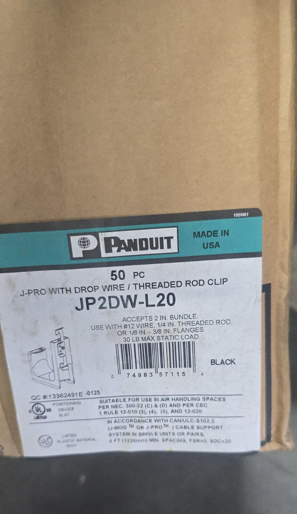 Panduit JP2DW-L20 J-Pro Drop Wire/Threaded Rod Clip Cable Support, Black - cs/50