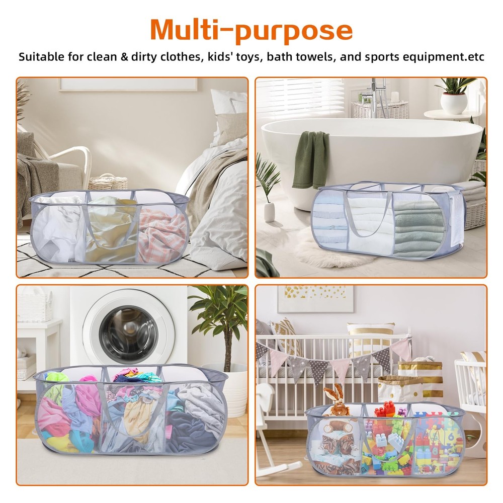 Durable Collapsible Foldable Pop Up Laundry Hamper Sturdy 3 Compartments Hand...