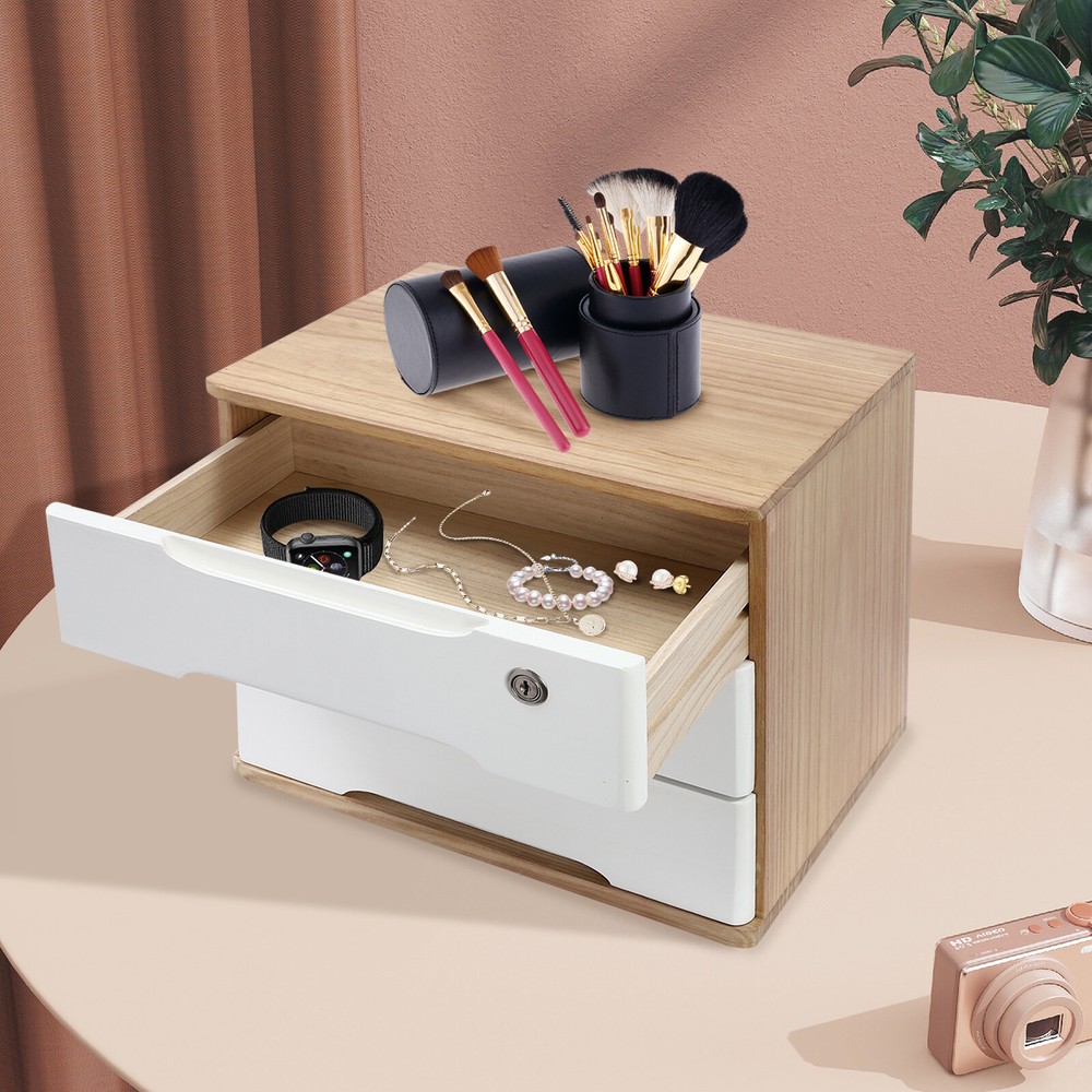 Wooden 3-Tier Desktop Organizer with Locking Drawers for Efficient Storage