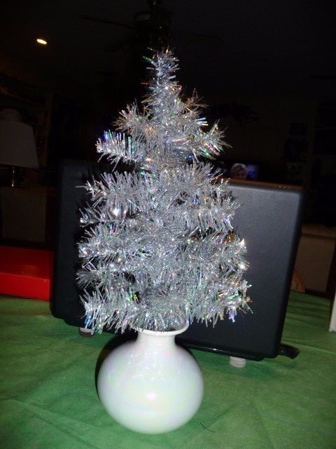 New 18" Silver Tinsel Mini Tree in ceramic vase