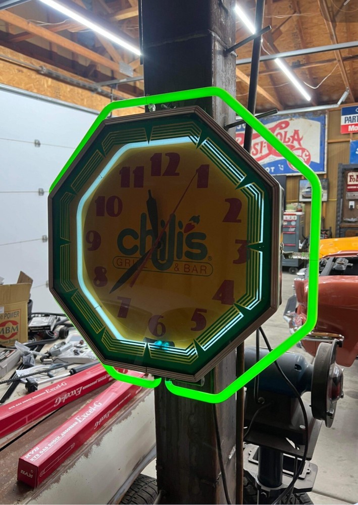 Vintage Chilis Bar and Grill Neon Clock 22”