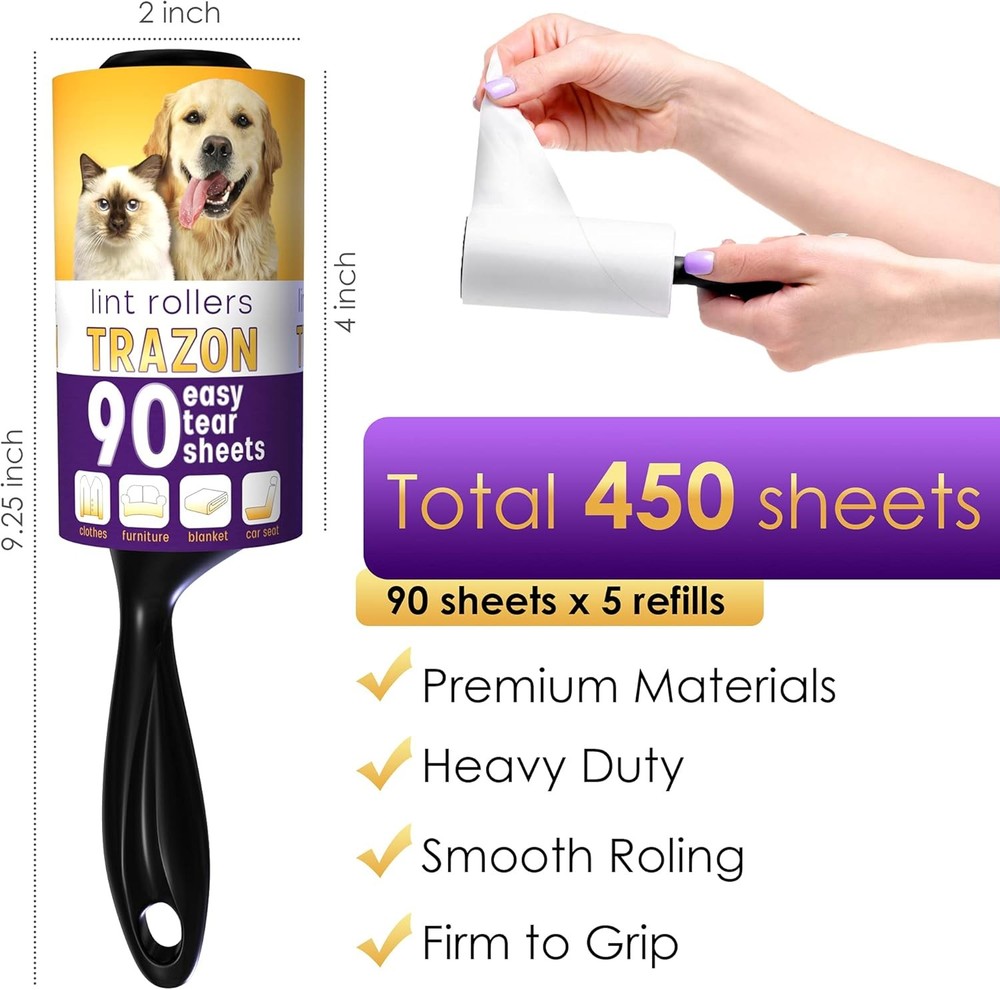 Lint Rollers Value Pack 450 Sheets 5 Refills Sticky Roller Lint Remover For