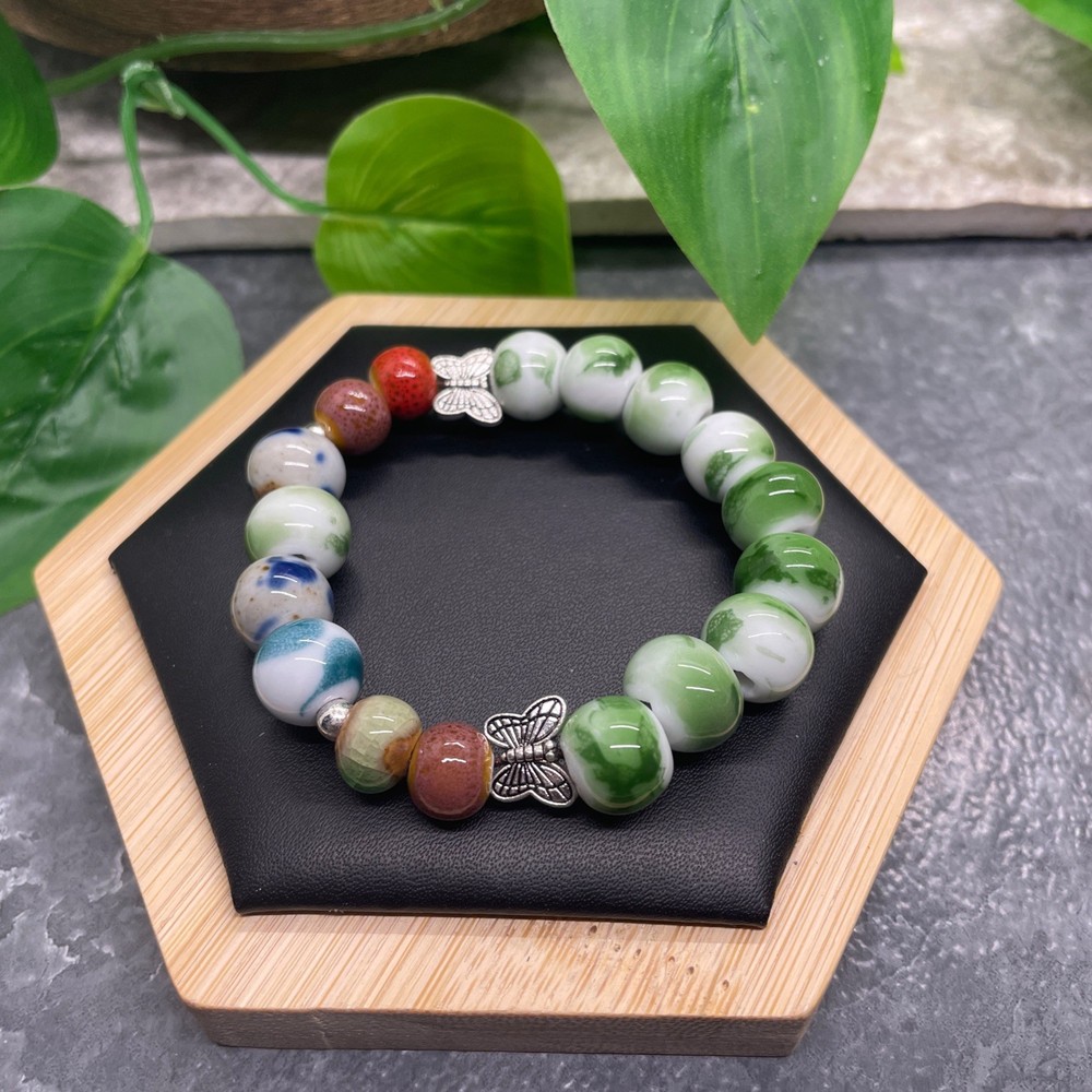 Handmade Ceramic Bead Beaded Stackable 6.25” Plus Stretch Bracelet New B533