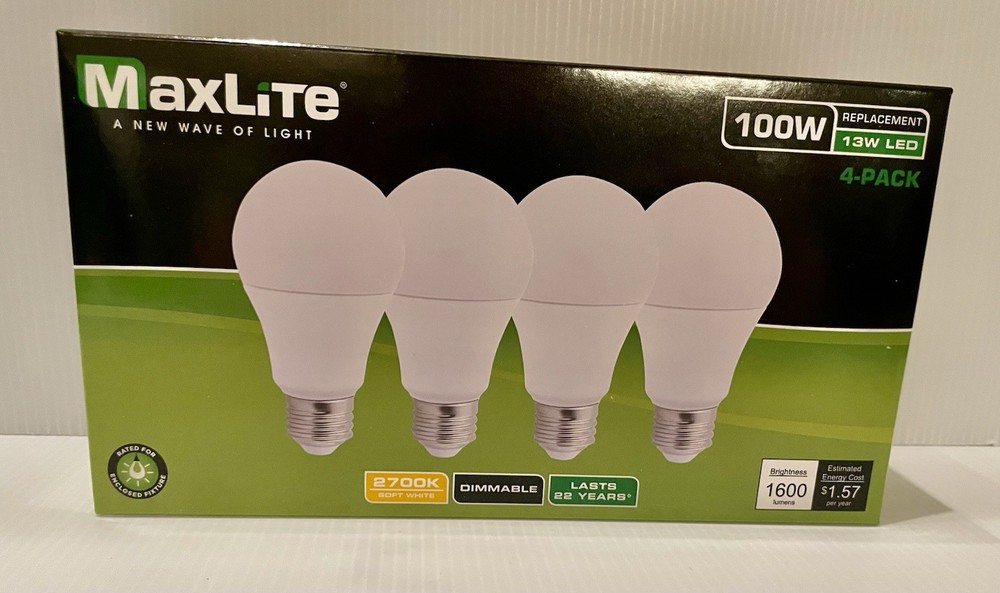 4 PACK OF MAXLITE 13W LED BULBS, A19,SOFT WHITE, DIMMABLE, 1600 LUMENS, 100W