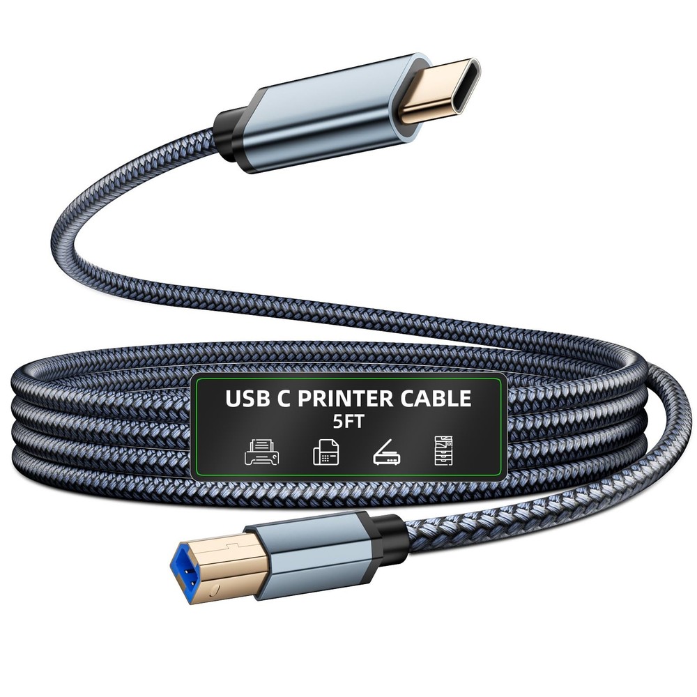 Printer Cable USB B to C 5ft, Nylon Braided Type B C 5 ft, Grey