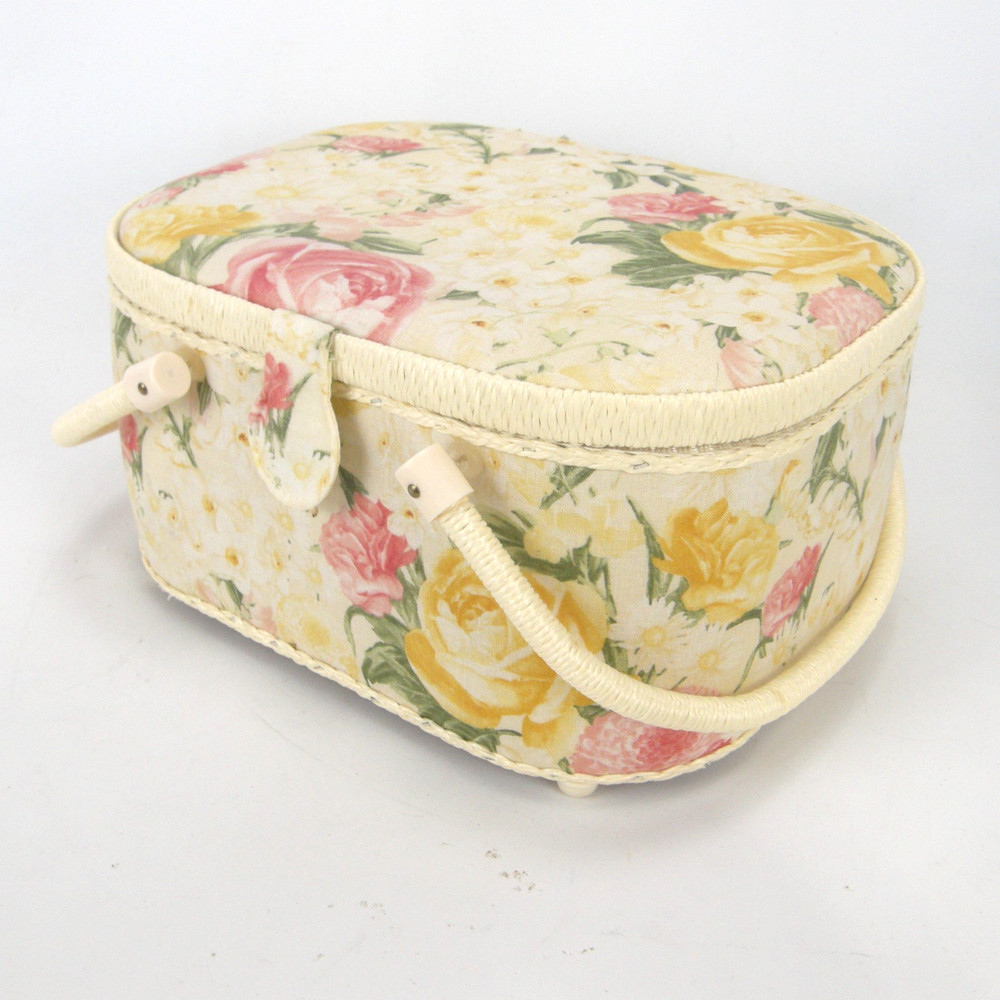 Sewing Basket Cloth Floral Pattern Double Handles Plastic Insert 12" x 9" x 6"