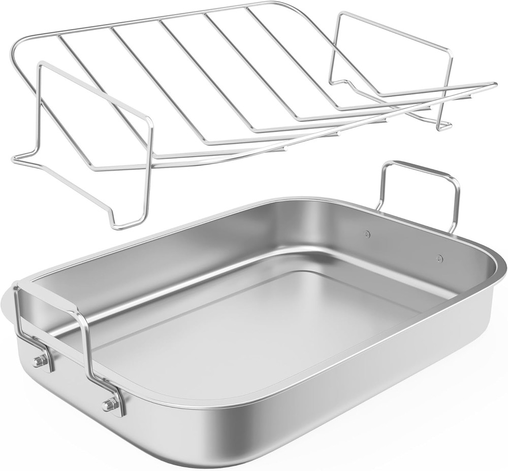 15.6'' Roasting Pan with V-Shaped Rack, Rectangular Lasagna Pan with Handle, Non