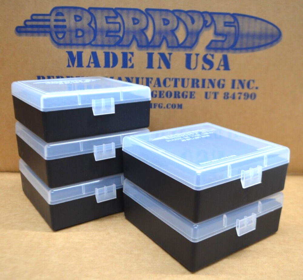 38 / 357 BERRY AMMO BOXES 100 ROUND PLASTIC AMMO STORAGE (5-Pack CLEAR / BLACK)