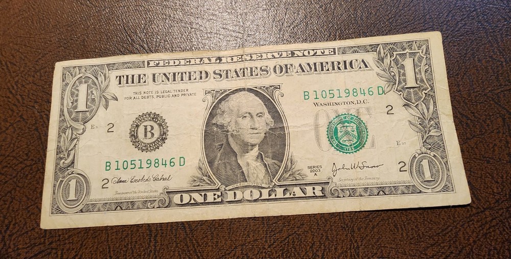"SHIFTED 3RD PRINT ERROR" 2003A $1 BANKNOTE #B10519846D ERROR!