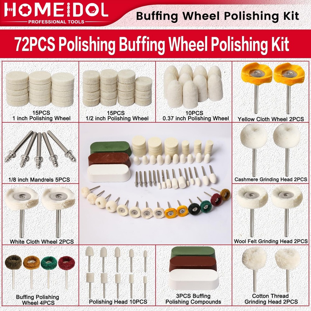 72 PCS Buffing Wheel Polishing Kit Compatible with Dremel, Multicolored