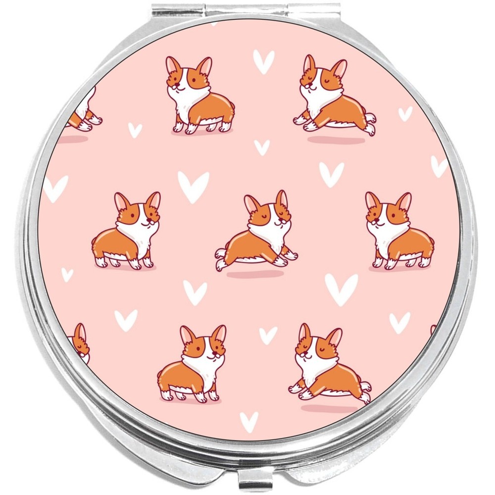 Cute Corgi Pattern Pink Hearts Compact with Mirrors - for Pocket or Purse