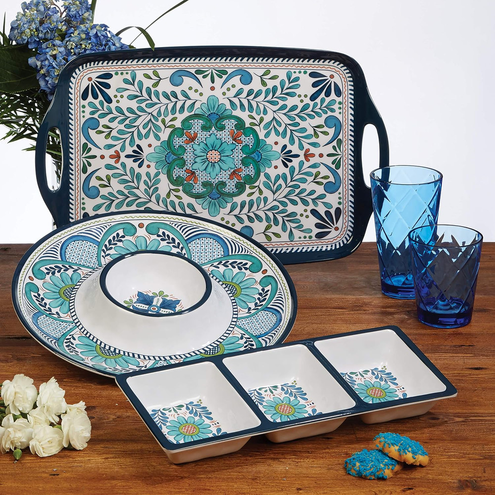 Talavera 3-Piece Melamine Hostess Serveware Set – Chip & Dip Server, 3-Section R