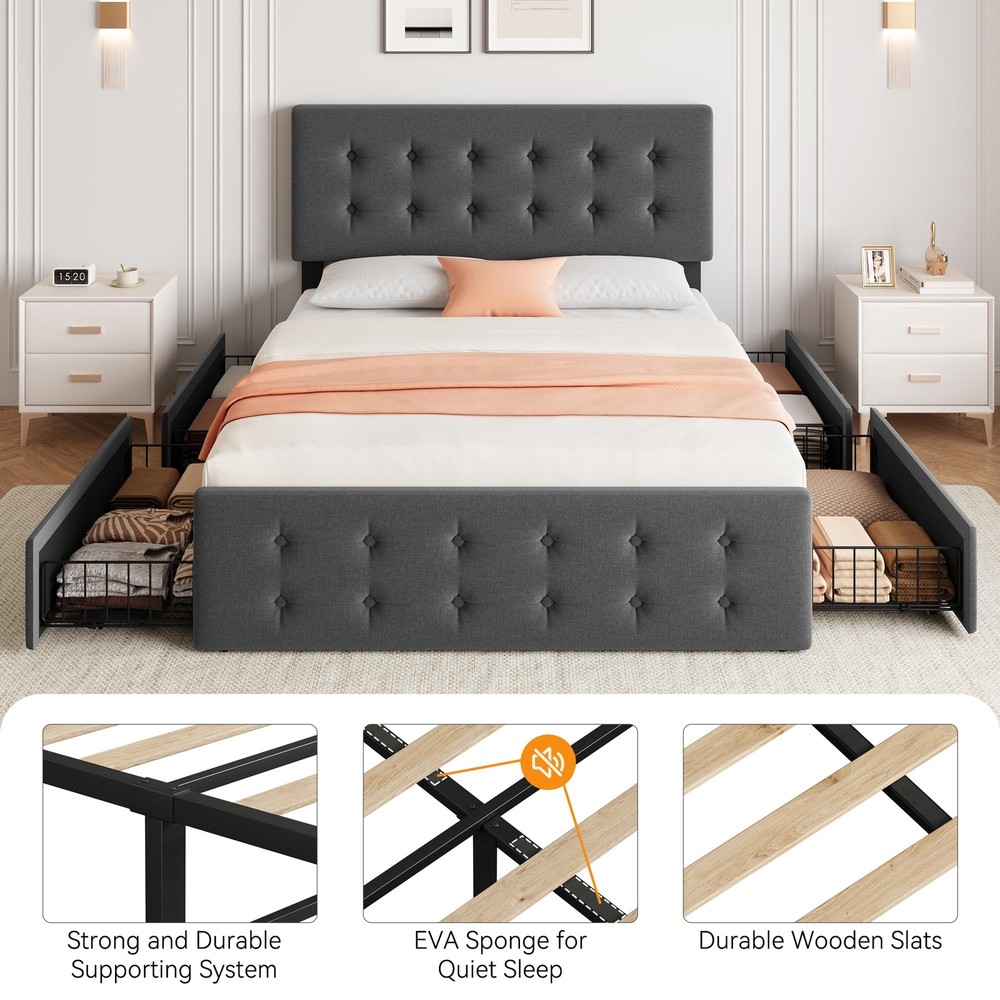 Full Size Bed Frame ,Modern Linen Upholstered Platform w/4 Storage Drawers Gray
