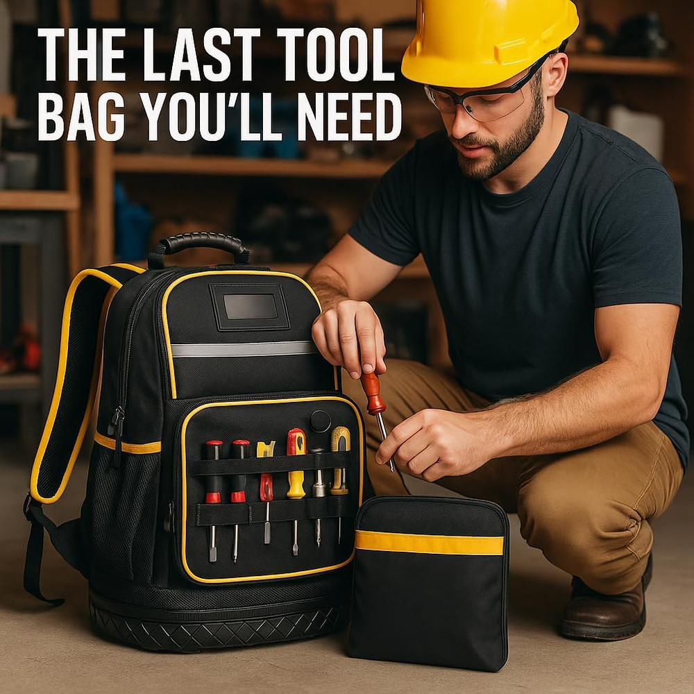 Rugged yet Comfortable Tool Backpack with Hard Molded Bottom and Tool Pouch, Hea