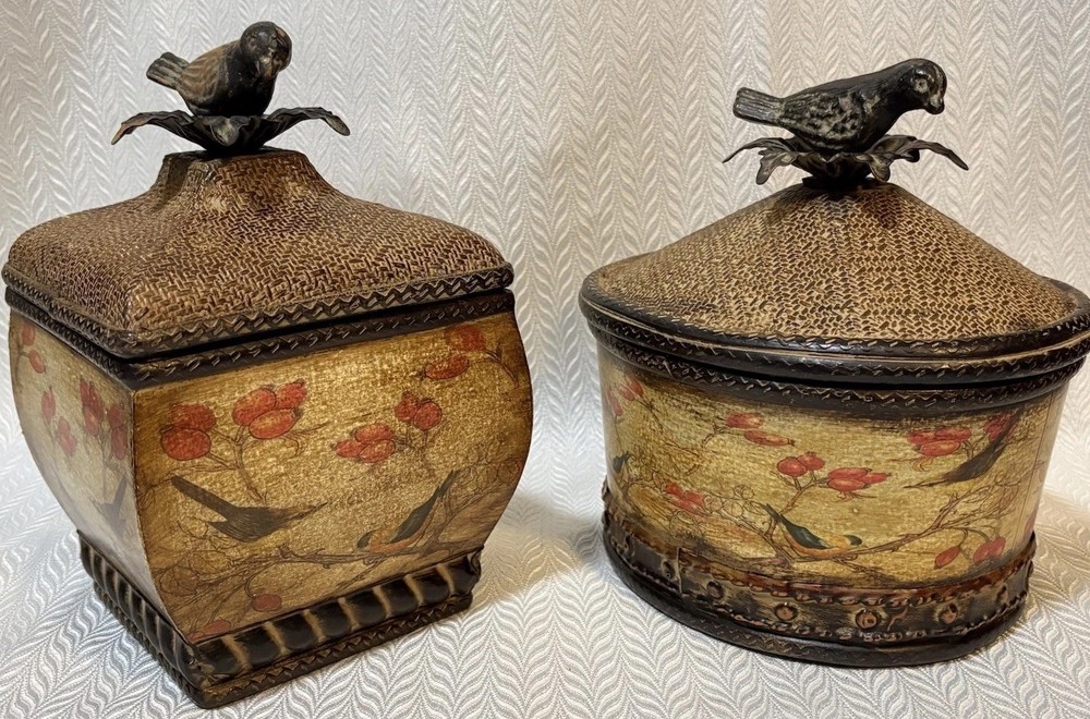 CBK Set 2 Decorative Boxes Bird Lid Rustic Cottage Trinket Storage
