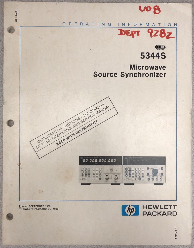 HP 5344S Microwave Source Synchronizer Operating Information Manual