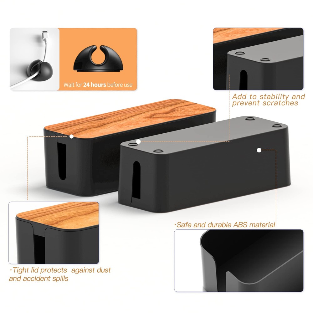 Cable Management Box 2 Pack with 16 Cable Clips Set-Large & Medium & Small Wo...