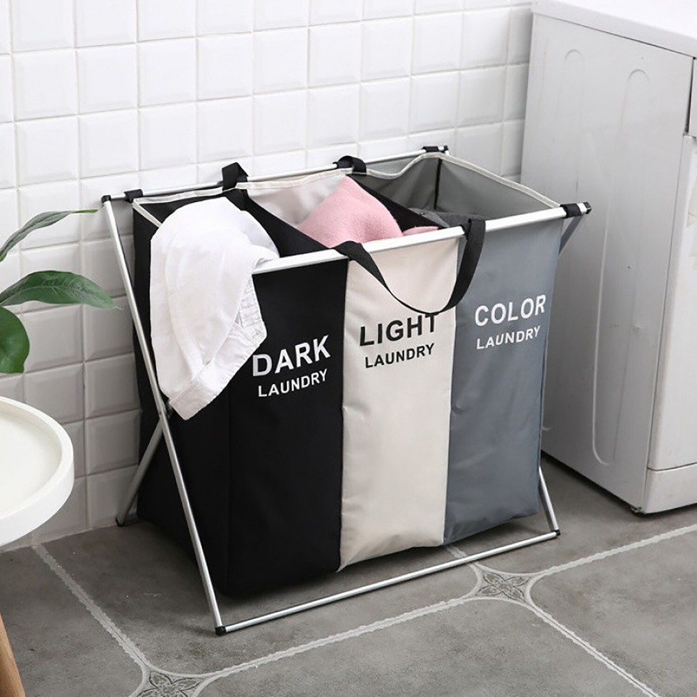 Large Laundry Basket 3 Section Foldable Dirty Clothes Hamper Storage Sorter Bag