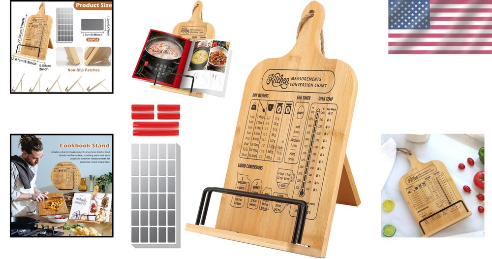 Rustic Wooden Cookbook Stand with Measurement Chart - Space-Saving & Adjustable
