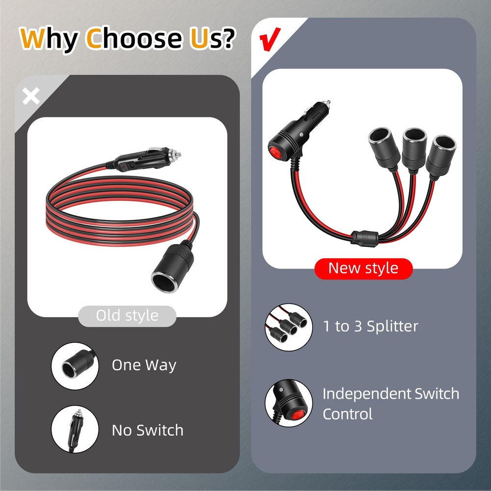 12v 24v 3 Way Cigarette Lighter Splitter Adapter with On Off Switch, Car Ciga...