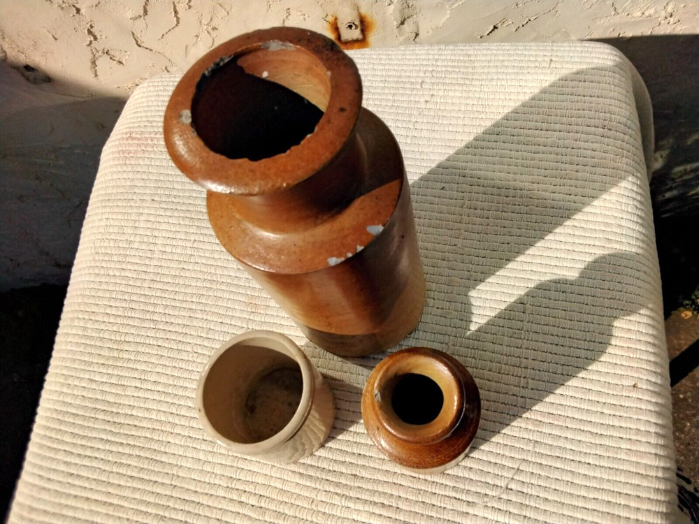 3 SMALL ANTIQUE STONEWARE BOTTLES JARS