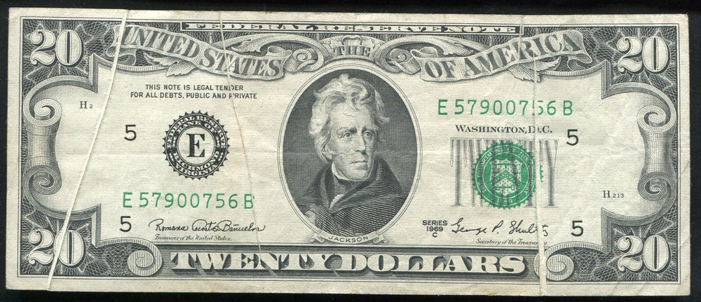 1969-C $20 FRN FEDERAL RESERVE NOTE"MULTIPLE GUTTERFOLD ERRORS"