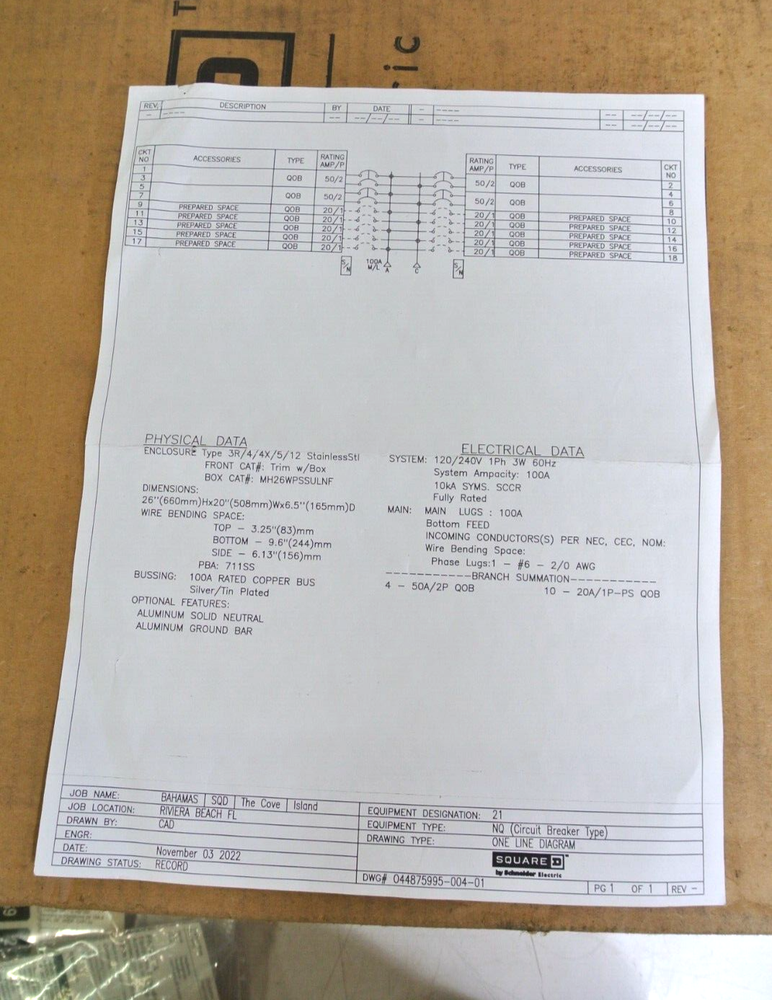 Square D Panel Box 120/240V 1Ph 3W 60Hz 100A