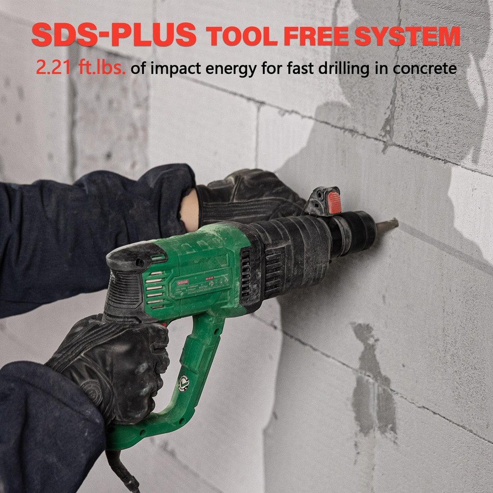 1" SDS-Plus Lightweight Rotary Hammer Drill, 9 Amp 4 Functions Corded Variabl...