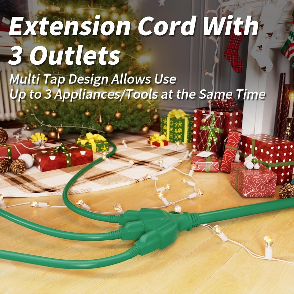 Weatherproof 10FT Green Extension Cord, 3 Multiple Outlets for Convenient Use