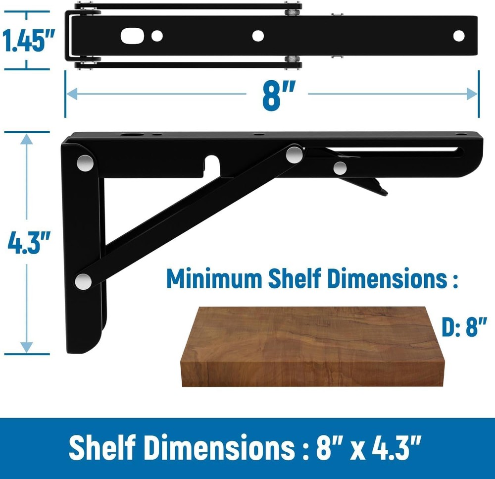 8 Inch Folding Shelf Brackets, Heavy Duty Wall Mounted Shelf Bracket, 2 Pack