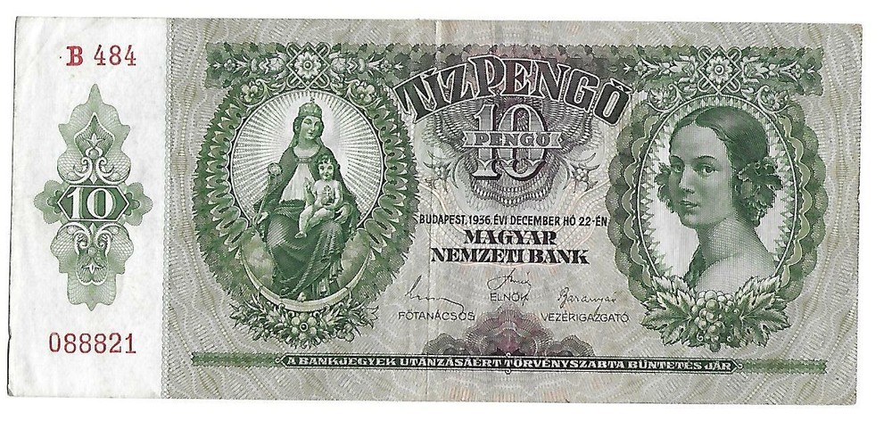 1936, HUNGARY 10 PENGO BANKNOTE, CIRCULATED