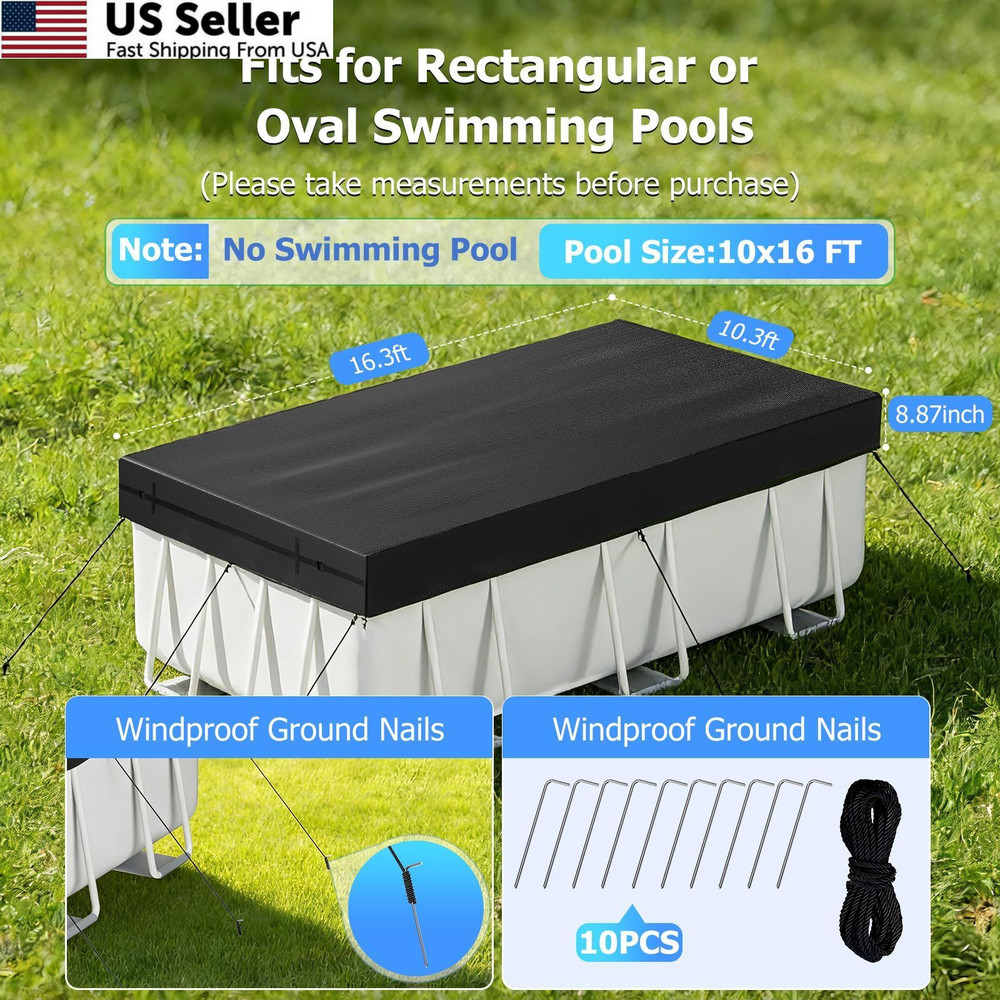 10x16FT Rectangular Solar Pool Cover Above Ground with Buckles Drawstring