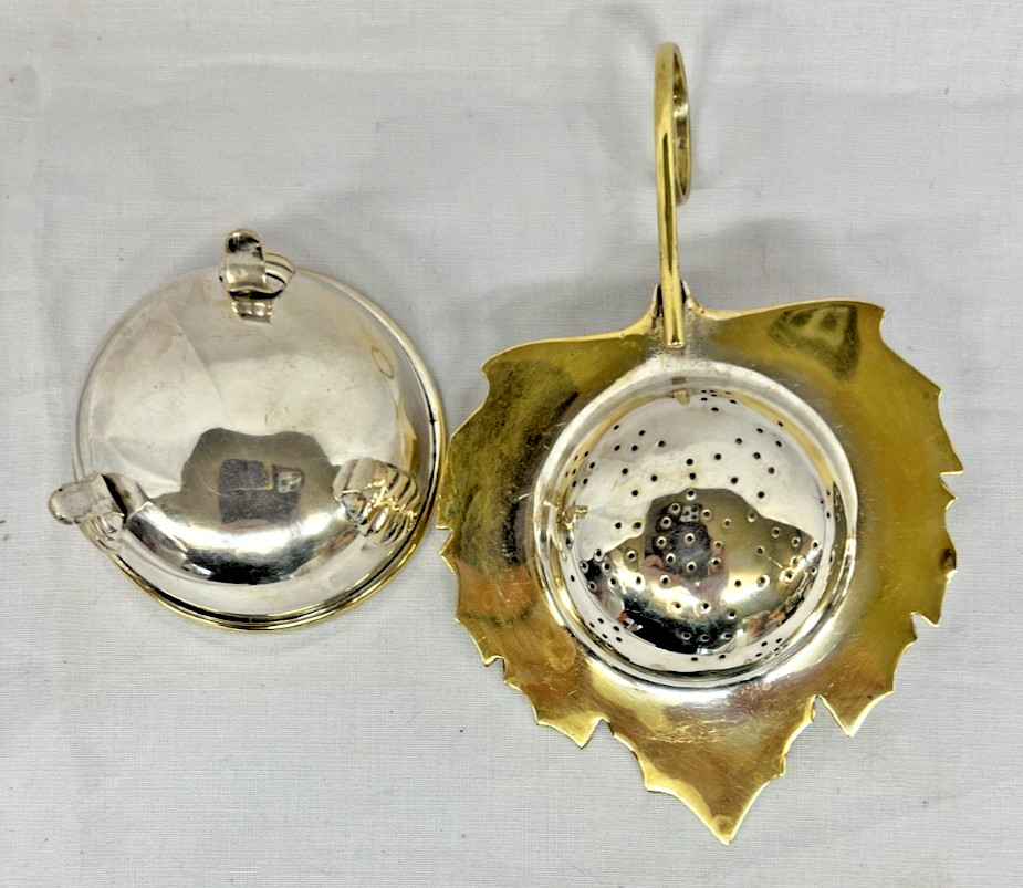 Silver Plate Tea Leaf Strainer Maple Leaf Silver Plated Ornate Vtg Gold Wash