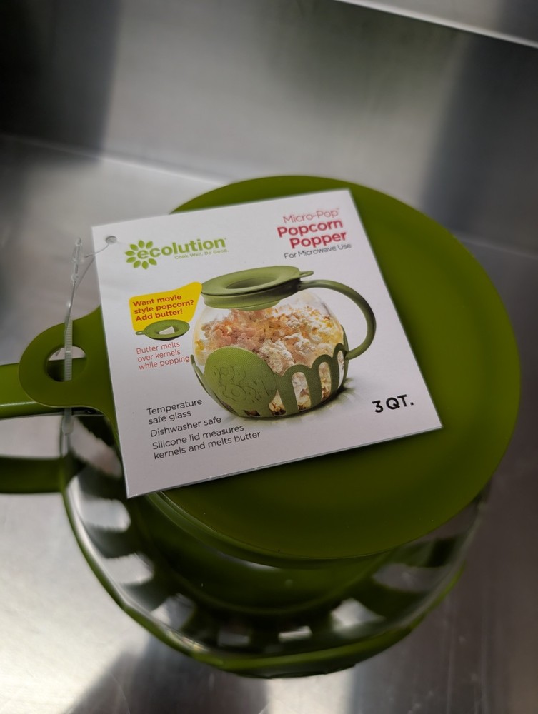 Ecolution Micro-Pop 3 Quart Microwave Popcorn Popper - Green New NWT 3 QT