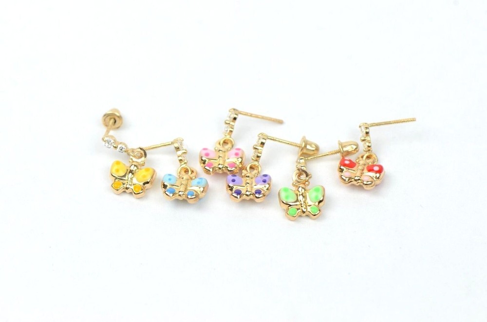14K Solid Yellow Gold Butterfly Dangle Earring with Enamel