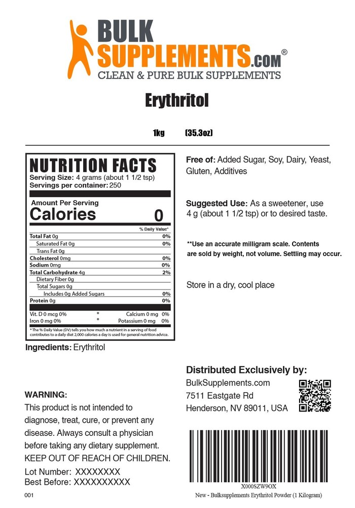 BulkSupplements Erythritol Powder 1KG - 4g Per Serving