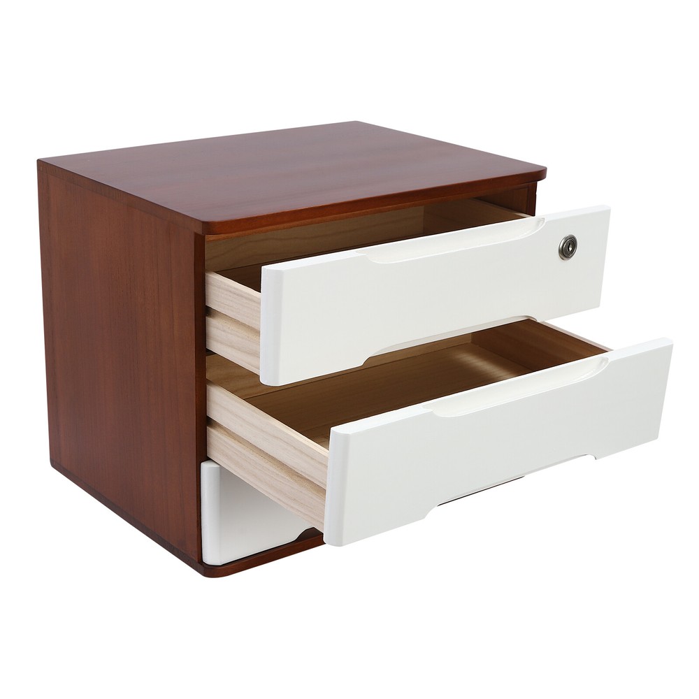 Wooden Desktop Storage Box Drawer Office Home Table Display Organizer with Lock.