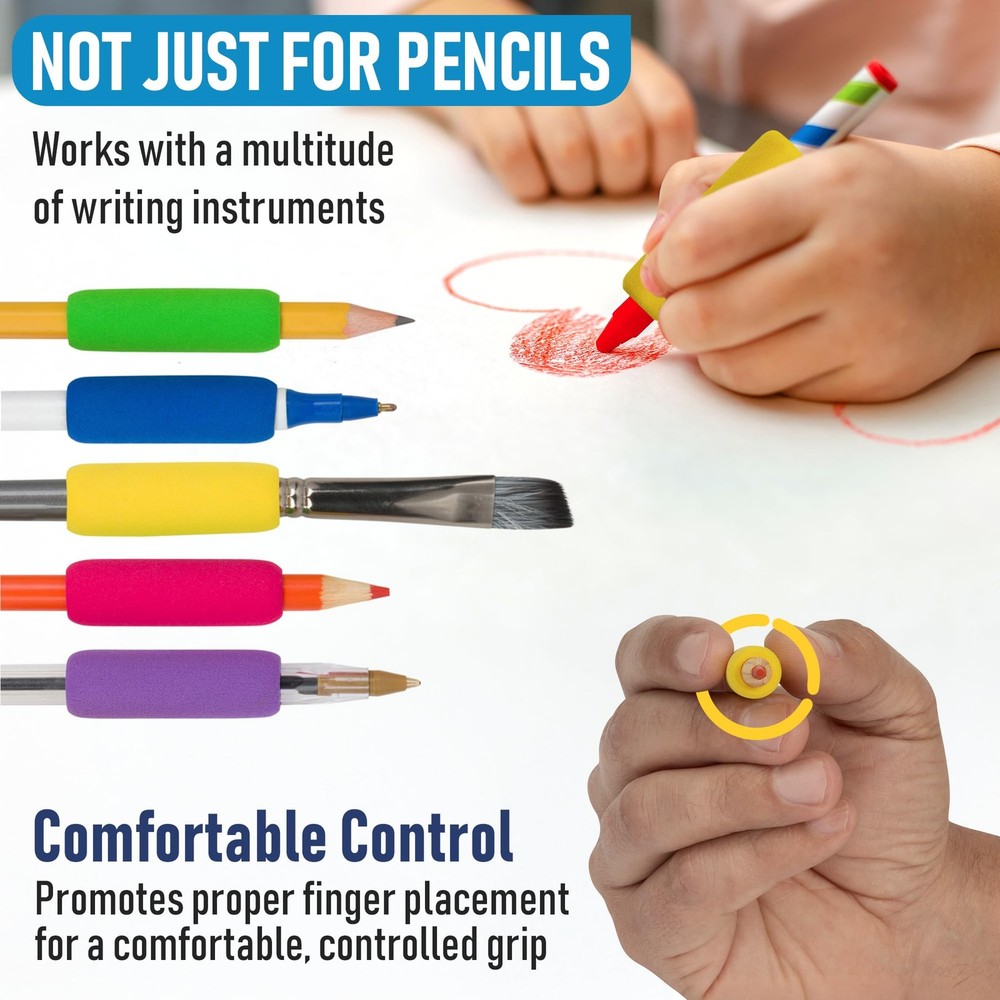 12 Count Ergonomic Foam Pencil Grip Assorted Colors Soft Comfortable Hands