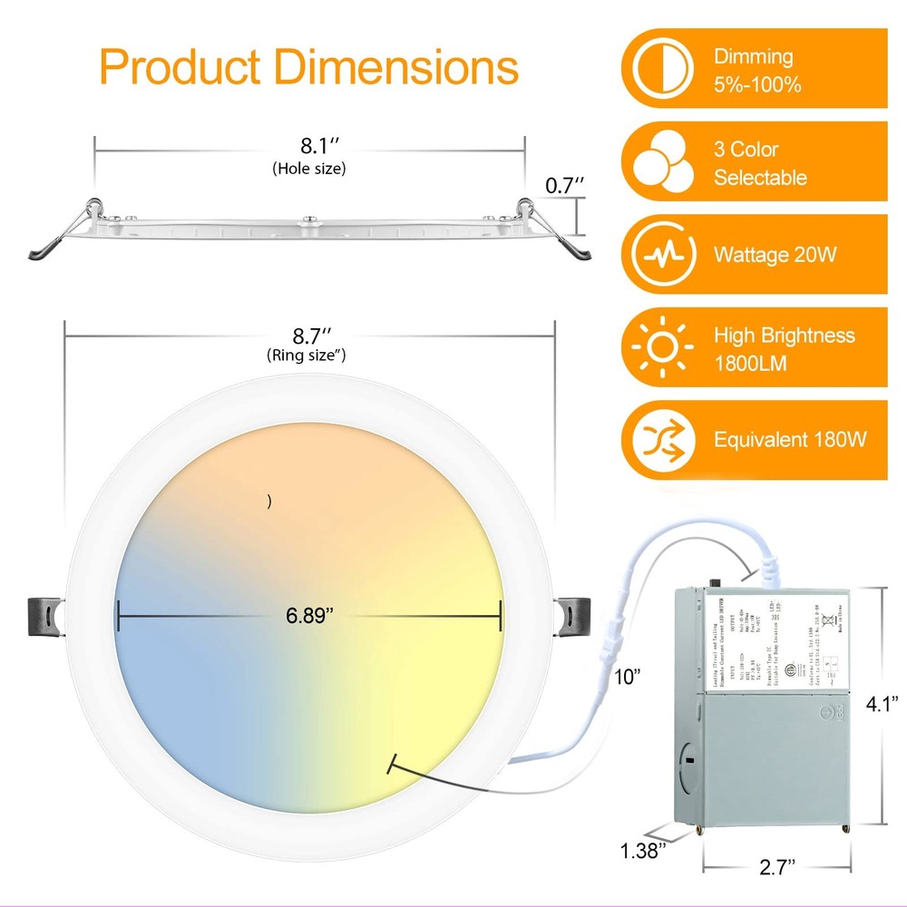 8" LED Recessed Light, Ultra-Thin Dimmable 3CCT, Canless Downlight w/Junction Bo