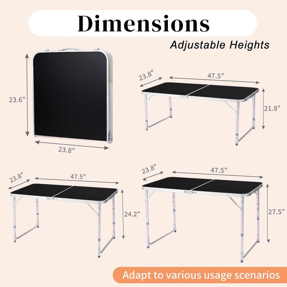 4FT Black Folding Table For Outdoor Garden Camping Picnic BBQ Height Adjustable