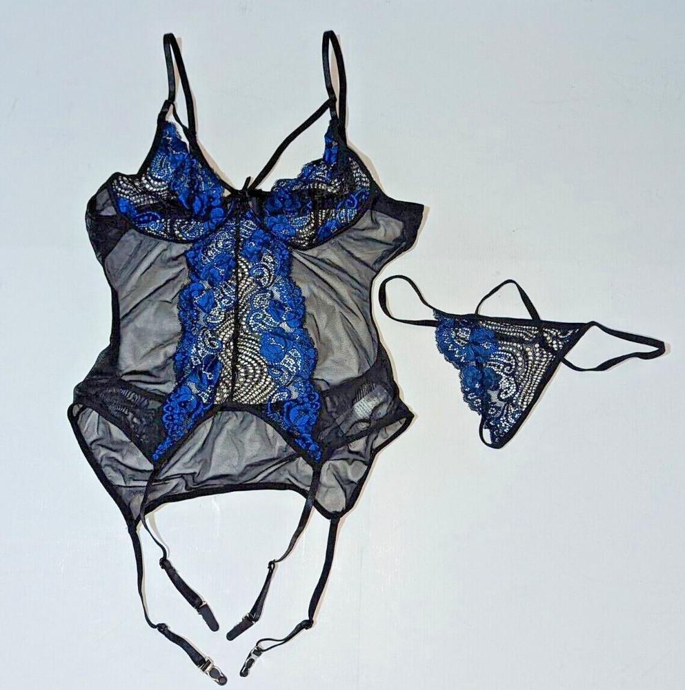 Shein Contrast Lace Mesh Garter Bustier Set