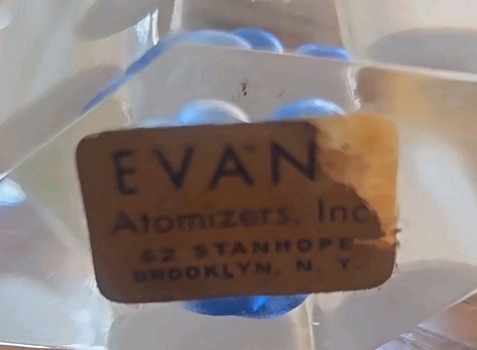Evans Atomizer Lucite w/Blue Flower Perfume Bottle