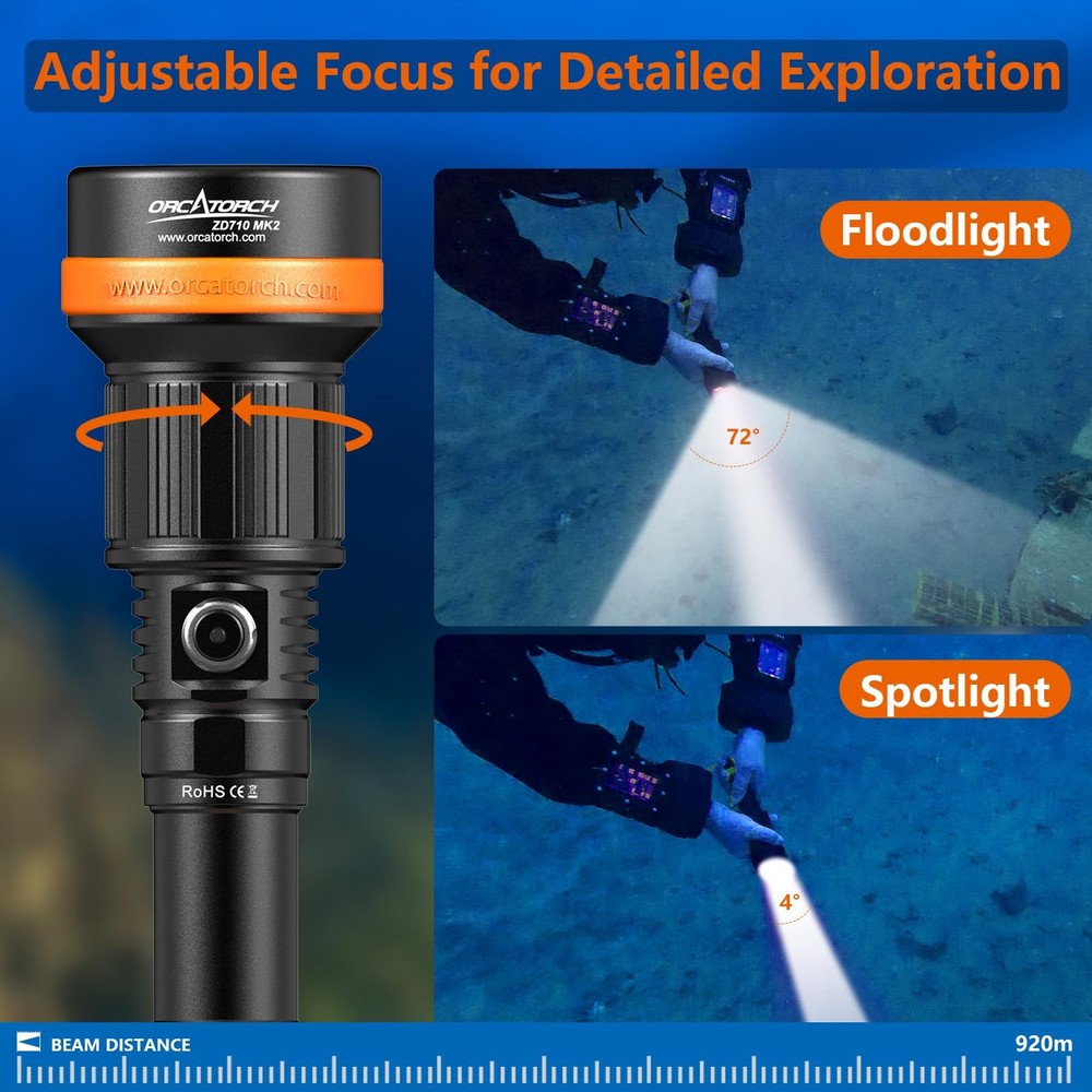 Zoomable Dive Light with Adjustable Beam, 920M Range, IP68 Waterproof Torch