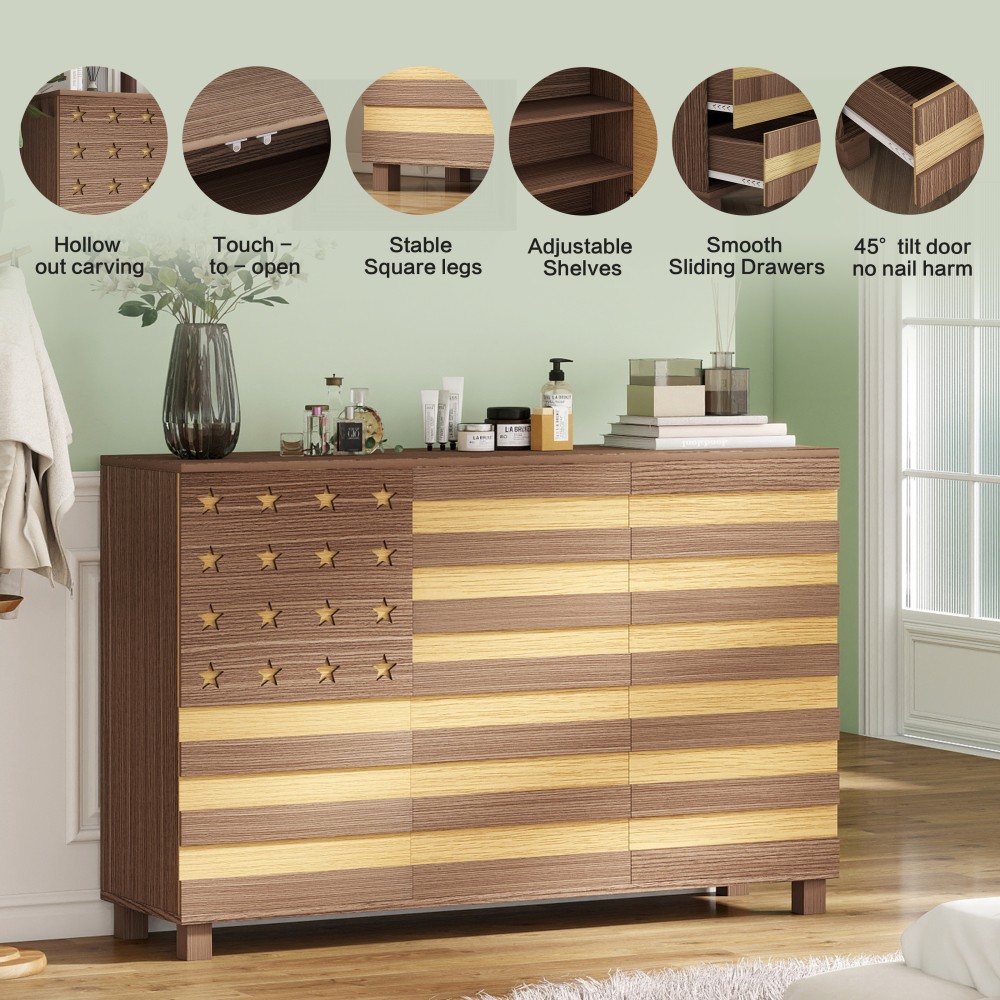 55" Buffet Brown Sideboard Cabinet,2 Drawers, 3 Doors, Adjustable Shelf
