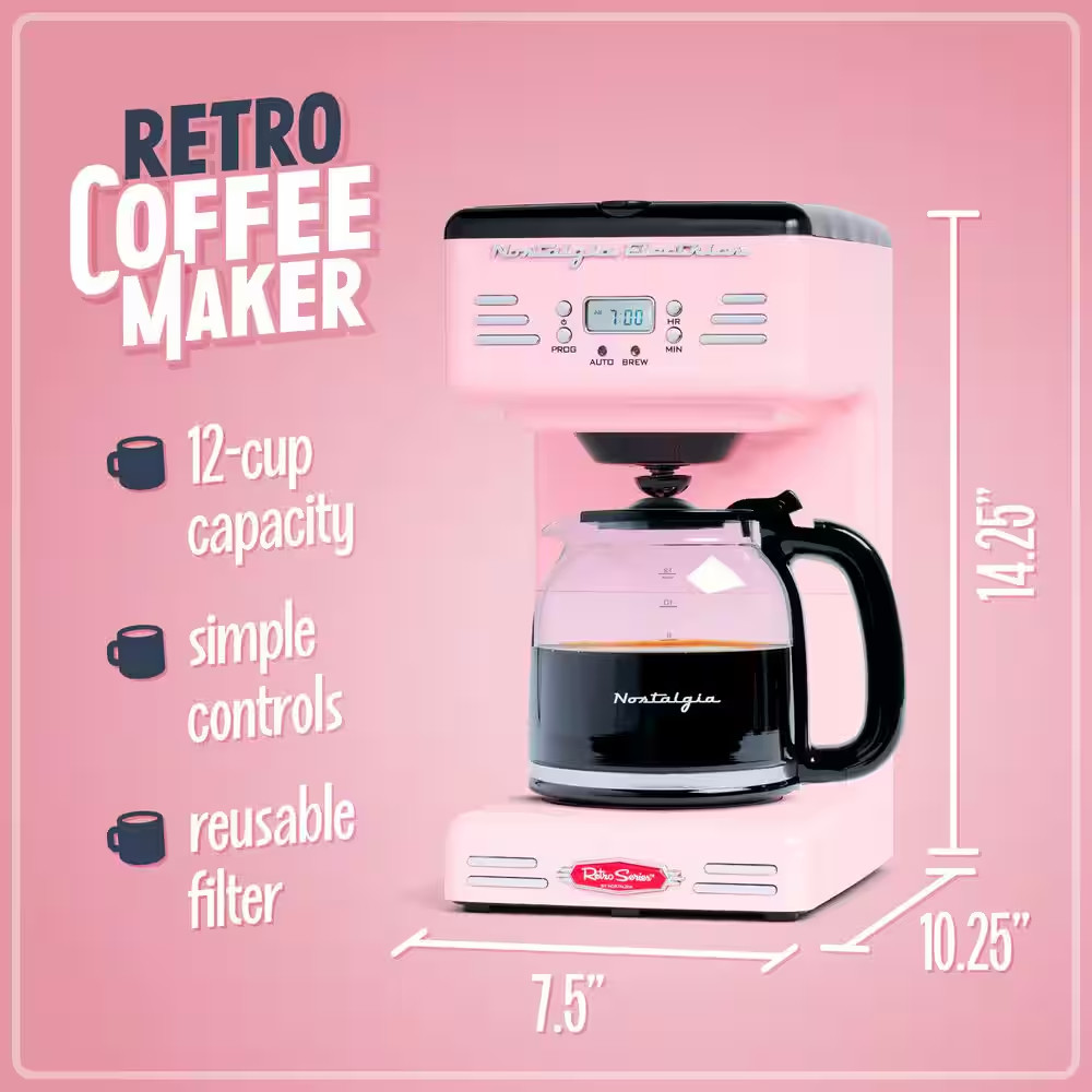 12 Cup Pink Drip Coffee Maker with Reusable Filter
